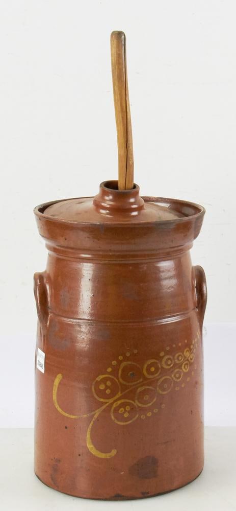 19th C Slip Decorated Redware Butter Churn (1 of 10)