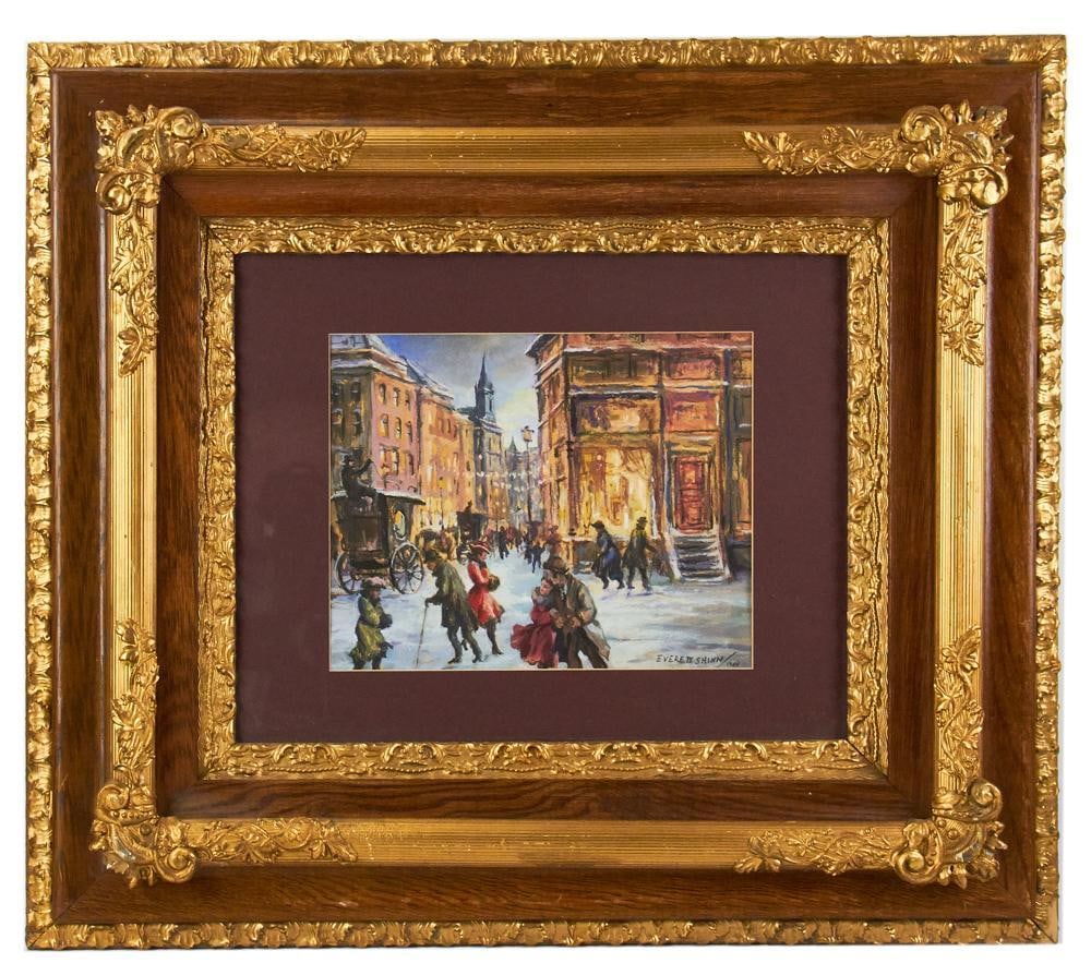 Everett Shinn, Winter Street Scene, Watercolor/Gouache: Everett Shinn (American, 1876-1953), winter street scene, watercolor/gouache, signed and dated 1904 L/R, 10 3/4" x 13 1/2" (sight), in ornate frame 28 3/4" x 32 3/4". Provenance: Estate of Dalia Zikas