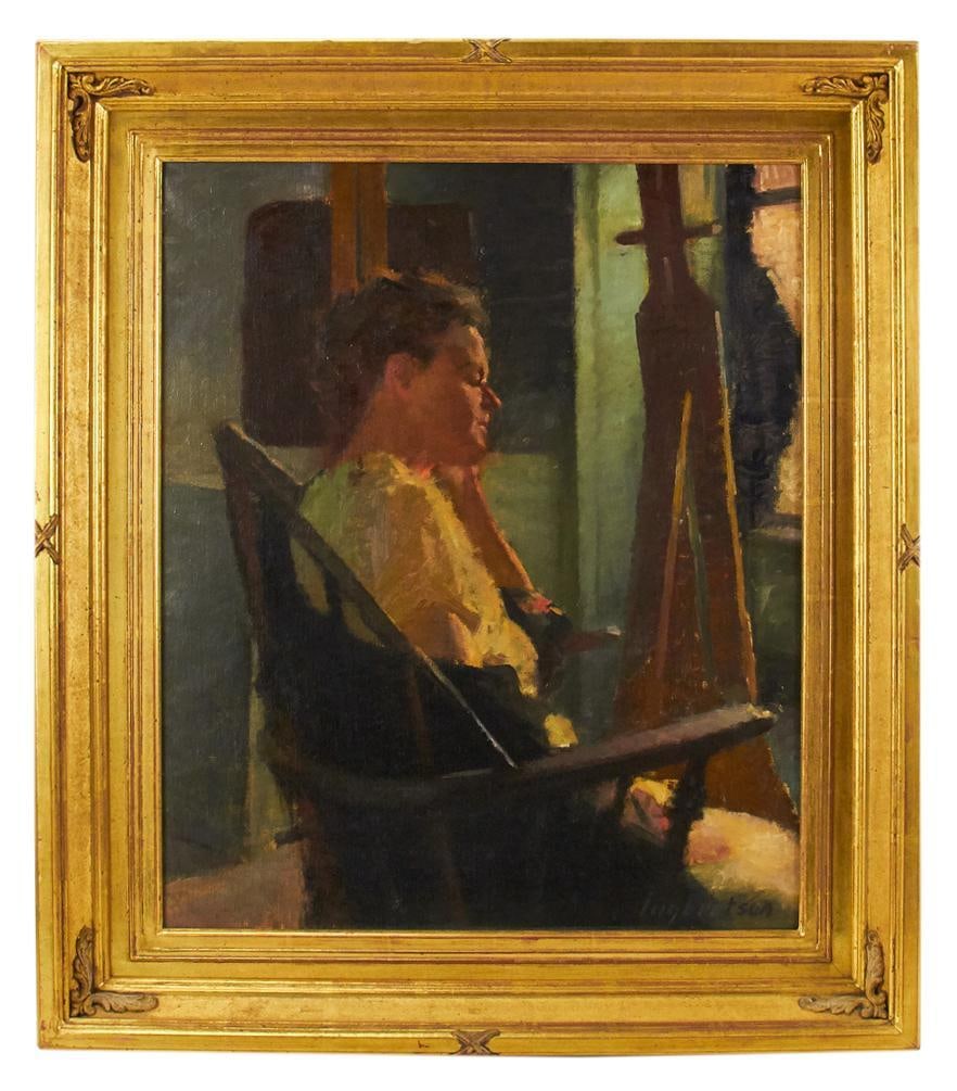 Paul Ingbretson, Woman Seated with Easel, Oil on Canvas: Paul Ingbretson (b.1949, Boston School of American art), woman seated with easel, oil on canvas, signed L/R, 24" x 20", in gilt frame 30" x 26 1/4". Provenance: Estate of Dalia Zikas, Melrose, Massach