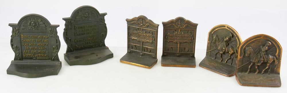 Three Pairs of Bronze Bookends: Three pairs of bronze bookends, tallest 7". Good condition. Provenance: Estate of Dalia Zikas, Melrose, Massachusetts.