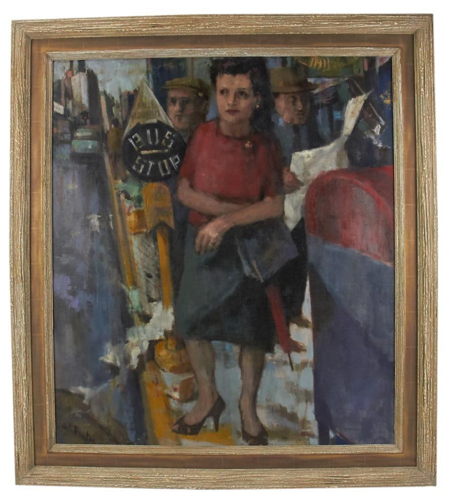 Hal Frater, "Bus Stop", Oil on Linen: Hal Frater (1909-2008), "Bus Stop", oil on linen, signed L/L, 36" x 32", framed 43" x 39". Provenance: Estate of Dalia Zikas, Melrose, Massachusetts.