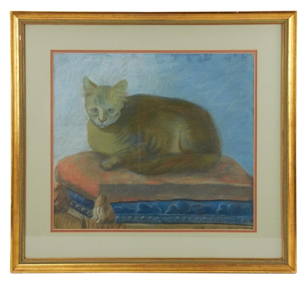 18th/19thC Pastel of Cat: 18th/19th century French, cat, pastel, 17" x 19", framed 24" x 26". Provenance: Estate of Dalia Zikas, Melrose, Massachusetts.