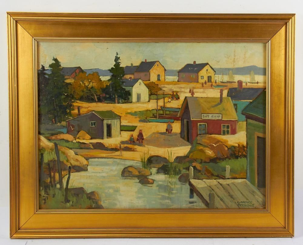 Clarence F. Attridge, Coastal Fishing Village, Oil on Board: Clarence F. Attridge (1907-1992), coastal fishing village, oil on board, 18" x 24", framed 23" x 29". Provenance: Estate of Dalia Zikas, Melrose, Massachusetts.
