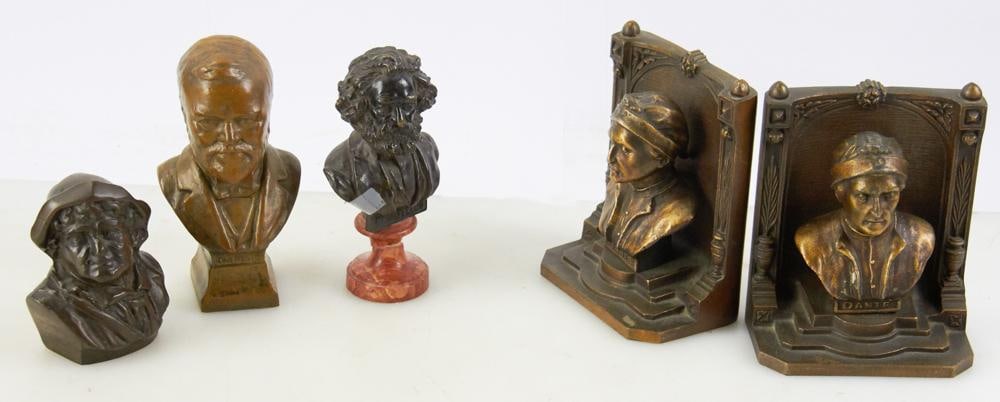 Collection of Bronze Busts and Bookends: Collection of three (3) bronze busts, together with a pair of bronze bookends. Bust of Longfellow on marble base (cracked), bust of Carnegie, bust of Rip van Winkle Jefferson Island. Bookends of Dante