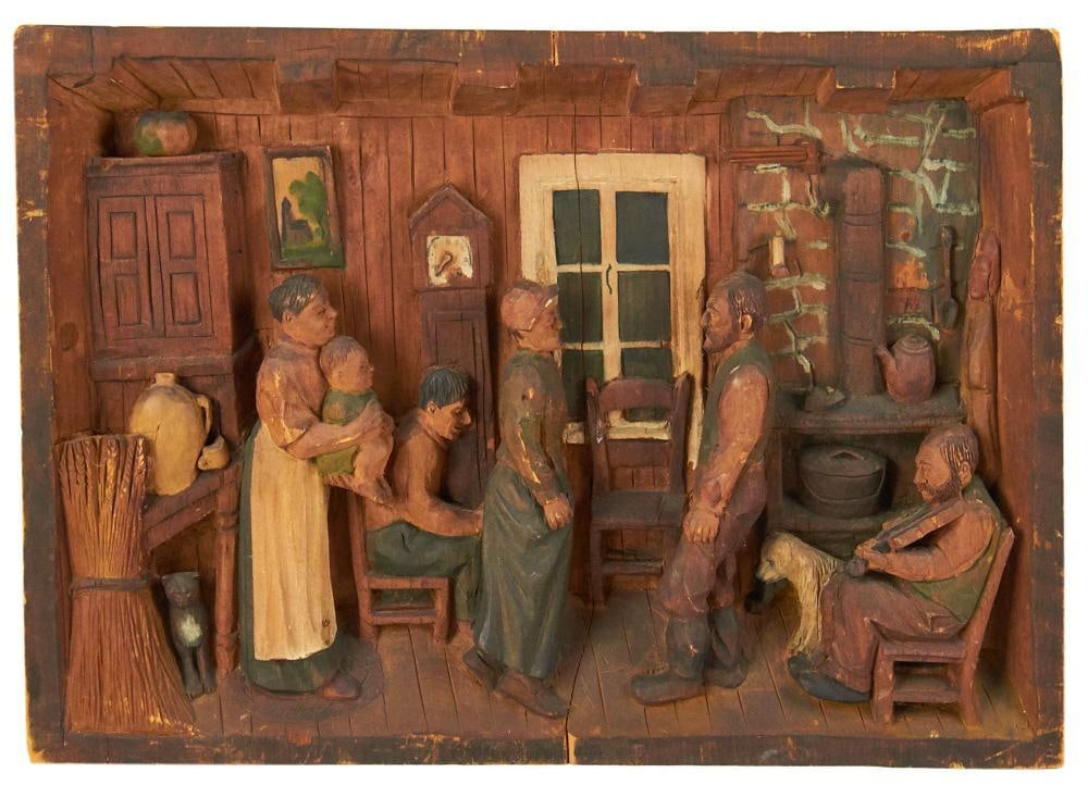 20thC French Canadian Wood Relief of Family Gathering: 20th century French Canadian polychrome wood relief of family gathering, 12" x 17" x 2". Provenance: Estate of Dalia Zikas, Melrose, Massachusetts.