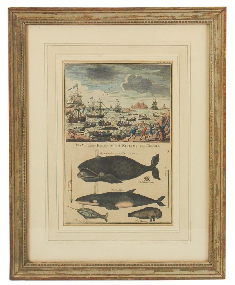 19thC Lithograph, "The Whale Fishery and Killing the Bears": 19th century hand-colored lithograph, "The Whale Fishery and Killing the Bears", 13" x 8 3/4" (sight), framed 21" x 17". Provenance: Estate of Dalia Zikas, Melrose, Massachusetts.