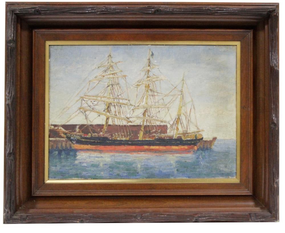 Sailing Ship "Star of Holland at Dock", Oil on Canvas: Sailing ship, "Star of Holland at Dock", oil on canvas, info verso "Used in the Alaska Salmon Trade, Last Trip 1929", 11" x 15", in mahogany frame 16 1/4" x 20 1/4". Provenance: Estate of Dalia Zikas,