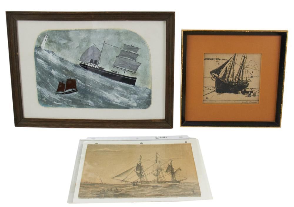 Ship Work Motif Artwork, One Identified as Hayley Lever: Three pieces of ship wreck motif artwork, to include: unsigned oil on paper, identified verso "Richard Hayley Lever New York 1876-1958"; etching signed indistinctly; initialed pencil drawing. Largest