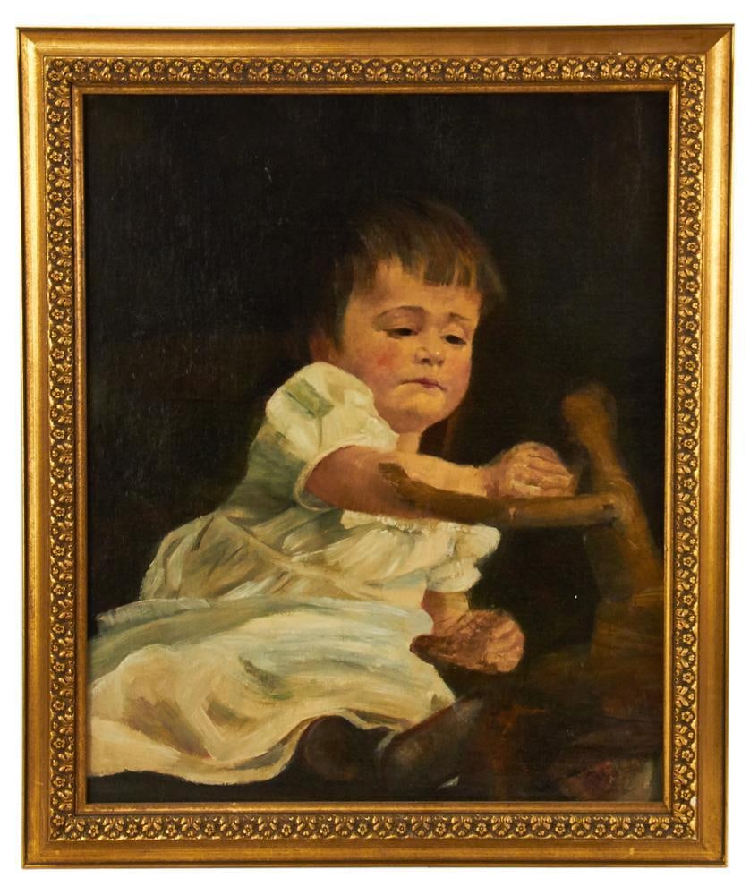 Portrait of Young Child, Oil on Board: Portrait of a young child, oil on board, unsigned, 22" x 18 1/4", gilt frame 25 1/4" x 20 1/2". Provenance: Estate of Dalia Zikas, Melrose, Massachusetts.