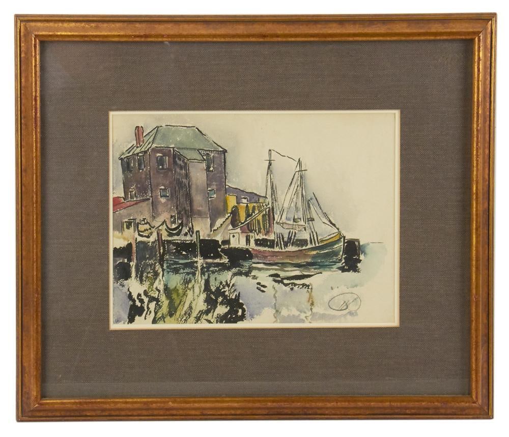 Info Verso Hayley Lever, Ship at Dock, Watercolor: Info verso Hayley Lever (1876-1958), ship at dock, watercolor, initialed L/R, gilt frame 15 1/2" x 18 1/2". Provenance: Estate of Dalia Zikas, Melrose, Massachusetts.