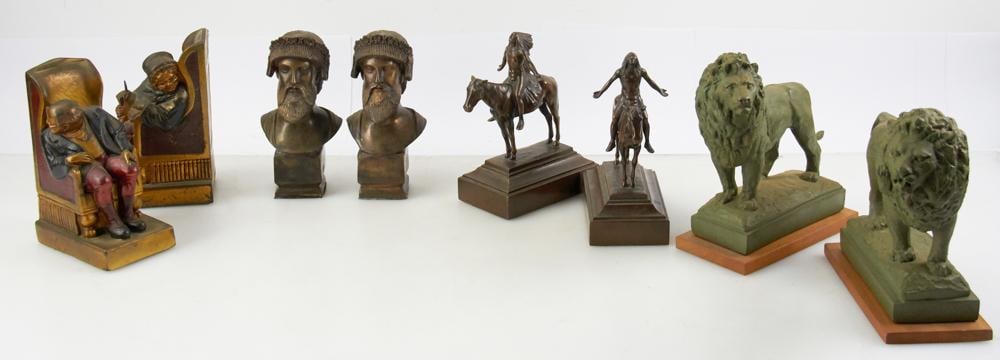Group of Vintage Bookends: Group of vintage bookends, to include: lions, bronze Native American chiefs, etc. Tallest 9". Good condition. Provenance: Estate of Dalia Zikas, Melrose, Massachusetts.