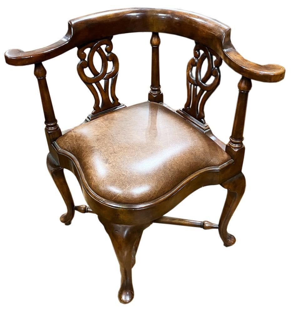 Important Theodore Alexander "Rep.li.ca" Collection Corner Chair: Important Theodore Alexander, "Rep.li.ca" collection Chippendale-style mahogany corner chair, leather seat, 31" H x 31 1/2" W x approximately 24" D. Good condition. Provenance: Estate of Dalia Zikas,