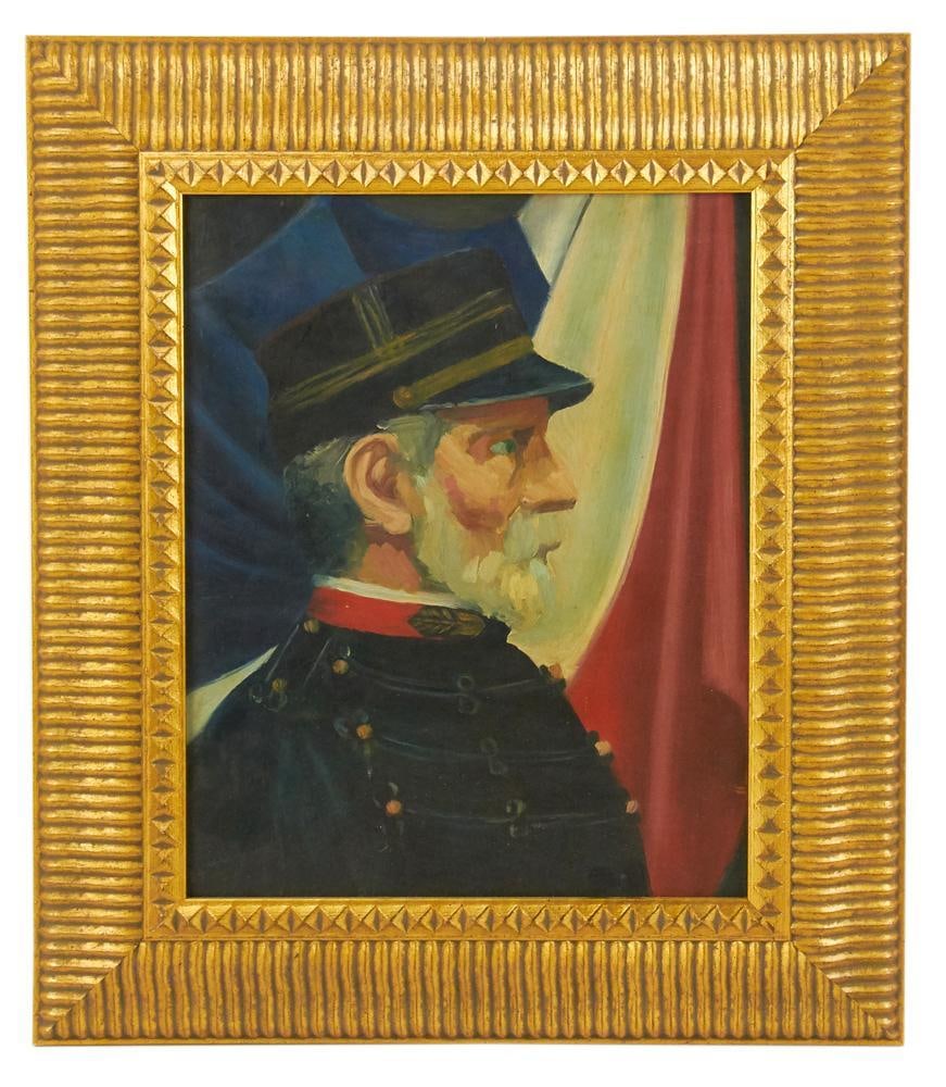 Portrait of Civil War Captain Maurice Bernhardt: Portrait of Civil War Captain Maurice Bernhardt, cousin of Sarah, oil on board, unsigned, painted in 1920, info verso, 14" x 11", framed 19 1/2" x 16 1/2". Provenance: Estate of Dalia Zikas, Melrose,