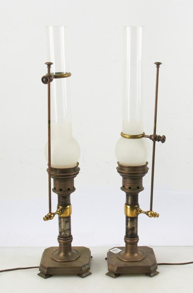 Pair of Mixed Metal Lamps with Tall Glass Shades (1 of 7)