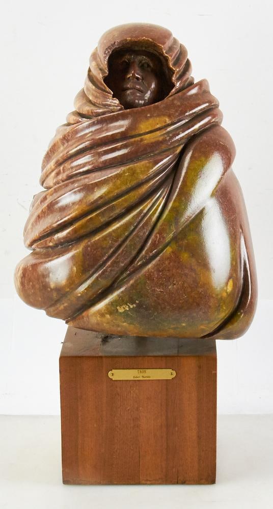 Robert Thornley, Polished Stone Sculpture: Robert Thornley (Arizona, 1941-2012), polished stone sculpture on wood base, sculpture 14" H, base 6 1/4" H. With brass tag on front of base "Taos by Robert Thornley". Good condition. Provenance: Esta