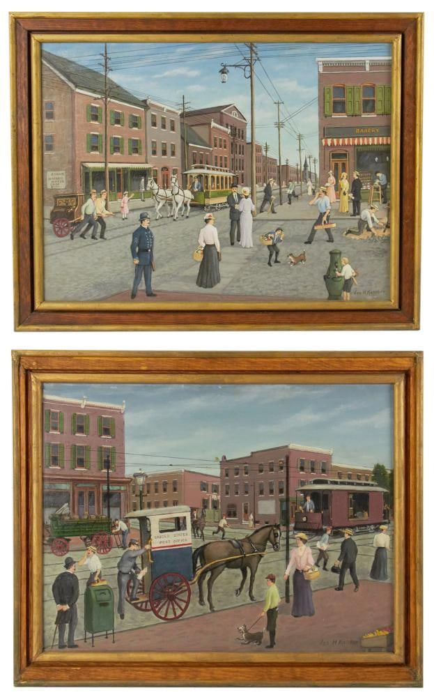 Joseph H. Koerber, Two Baltimore Street Scenes: Joseph H. Koerber (20th century), two (2) Baltimore street scenes turn of the 20th century, oil on canvas, 18" x 23", framed 22" x 27". Provenance: Estate of Dalia Zikas, Melrose, Massachusetts.