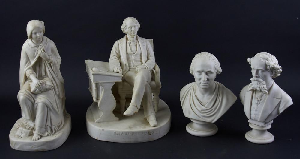 19th/20thC Parian Ware Pieces: Late 19th/early 20th century parian ware pieces, to include: sculpture of Charles Sumner seated at desk, seated woman identified as "Evangeline", etc., (4) pieces total. Good condition. Provenance: Es