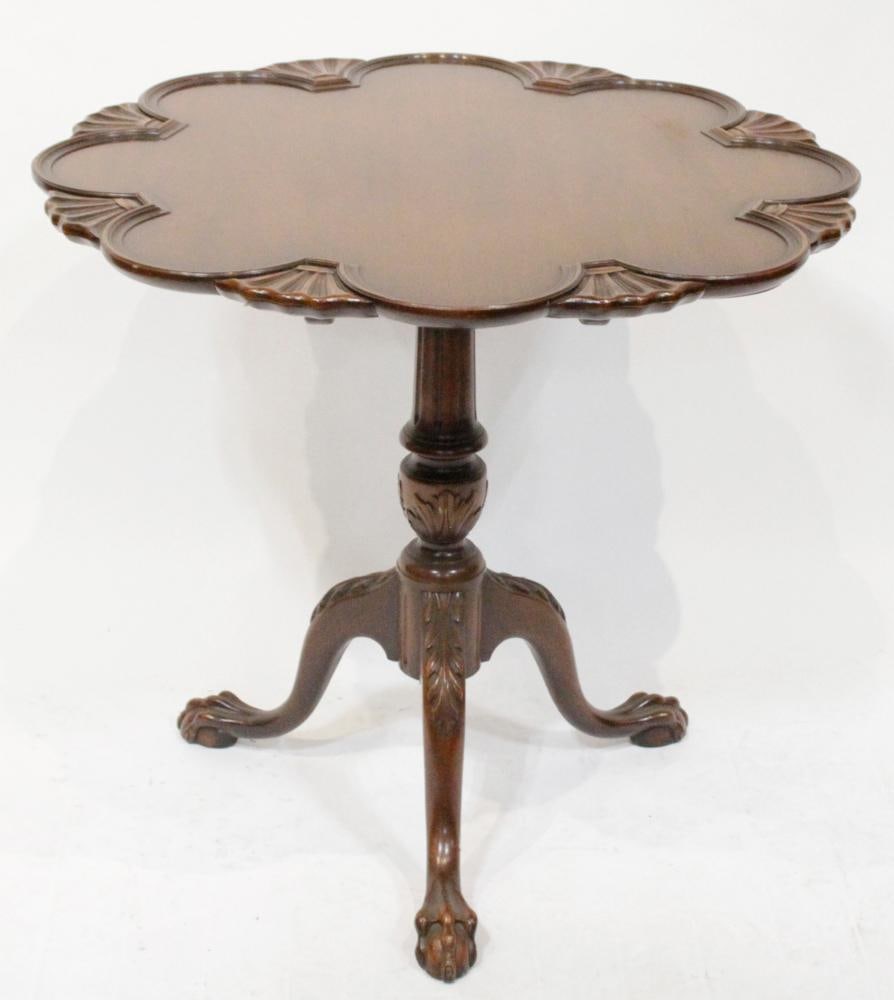 Kittinger Carved Tilt-top Parlor Table: Kittinger carved tilt-top parlor table, marked "Gainsborough Deep Tone finish handcrafted by Kittinger", 29 1/2" H x 32" diameter. Minor finish wear. Provenance: Estate of Dalia Zikas, Melrose, Massac