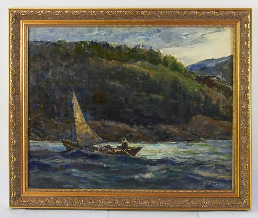Sidney March Chase, Boating, Merrimack River: Sidney March Chase (American, 1877-1957), boating, Merrimack River, oil on canvas, signed L/R, 19" x 24", framed 24" x 29". Provenance: Estate of Dalia Zikas, Melrose, Massachusetts.