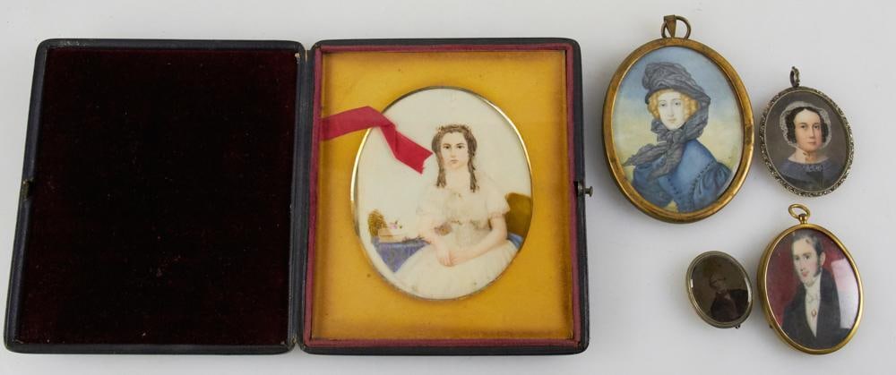 Collection of Portrait Miniatures: Collection of portrait miniatures, four (4) hand-painted and framed pieces, one (1) signed indistinctly, and one (1) early double photograph in frame. Largest portrait 3 3/4" H x 3 1/8" (sight). Prove