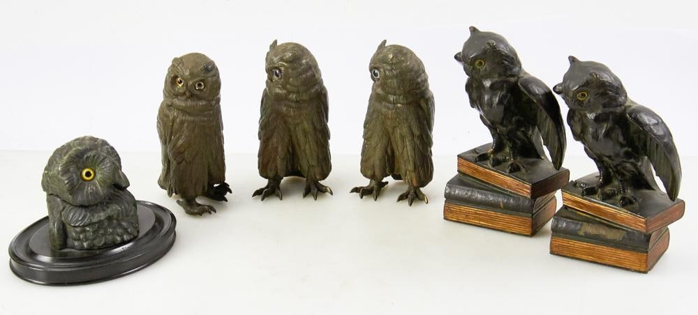 Figural Owl Collection: Figural owl collection, to include: bronze sculpture with glass eyes; pair of painted metal bookends; figural ink well; etc. Six (6) total. Good condition. Provenance: Estate of Dalia Zikas, Melrose,