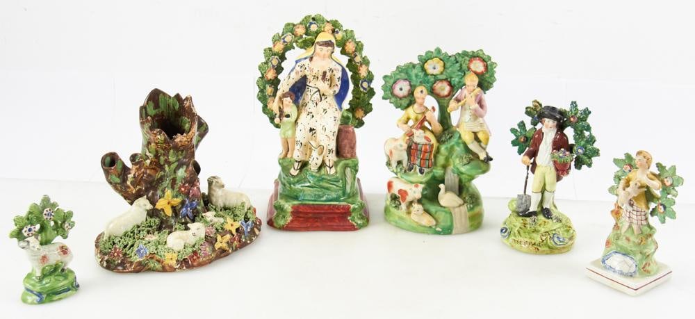 Collection of Early 19thC Staffordshire Figures en Bocage: Collection of early 19th century Staffordshire figures en bocage, to include: small sheep; couple with musical instruments; young woman with child; spill vase; etc. Largest 9 3/4" H x 4 3/4" W. Five (