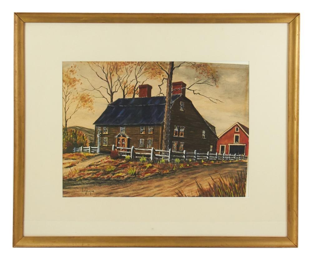 L.E. Brinton, Early Homestead in New England, Watercolor: L.E. Brinton, early homestead in New England, watercolor, signed L/L, 14" x 19", framed 24" x 29". Provenance: Estate of Dalia Zikas, Melrose, Massachusetts.