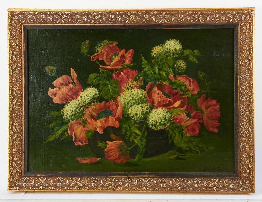 Abbott Fuller Graves, Still Life with Poppies: Abbott Fuller Graves, still life with poppies, oil on canvas, 18" x 26", framed 23"' x 30". Provenance: Estate of Dalia Zikas, Melrose, Massachusetts.