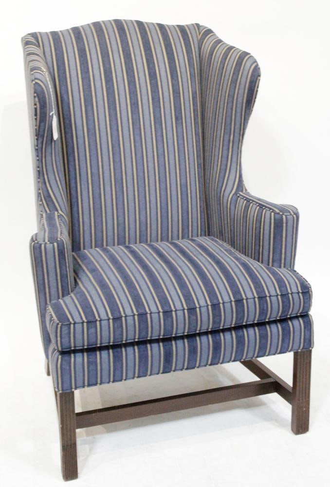 Stickley Mahogany Hepplewhite-style Wingback Chair: Stickley mahogany Hepplewhite-style wingback chair, labeled "Stickley Fine Upholstery", 45" H x 31 1/2" W x approximately 26" D. Very good condition. Provenance: Estate of Dalia Zikas, Melrose, Massac