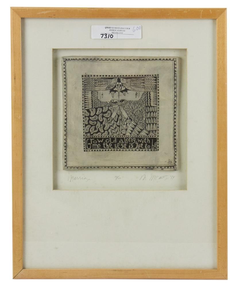 Marsha McCarthy, Sculpted Marriage Tile, Framed: Marsha McCarthy, sculpted marriage tile, 10" x 9", framed 19" x 15". Provenance: Estate of Dalia Zikas, Melrose, Massachusetts.