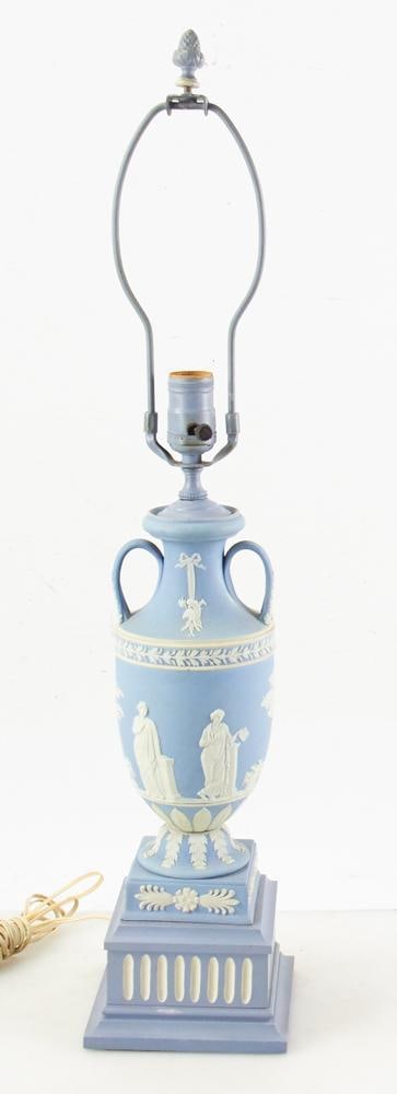 Wedgwood-style Jasperware Lamp with Classical Motif: Wedgwood-style jasperware lamp with classical motif, 19 1/4" to top of socket x 5 3/4" square base. Good condition. Provenance: Estate of Dalia Zikas, Melrose, Massachusetts.