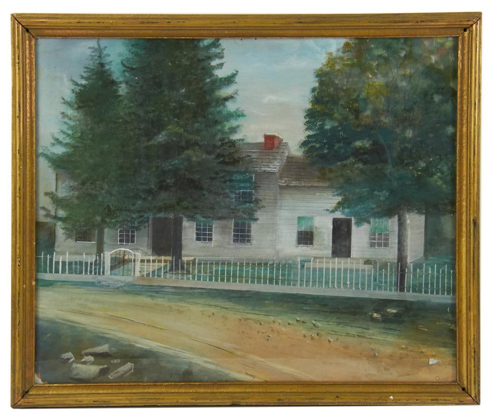 American School Mid-19thC, Homestead Behind Trees: American School mid-19th century, homestead behind trees, watercolor, 15" x 18", framed 17" x 20". Provenance: Estate of Dalia Zikas, Melrose, Massachusetts.