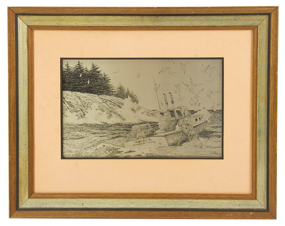 Jamie Wyeth Etching Sterling Silver, Lobster Boat: Jamie Wyeth etching sterling silver coast of Maine 1977 lobster boat, 7 1/2" x 12", framed 16" x 20". Provenance: Estate of Dalia Zikas, Melrose, Massachusetts.
