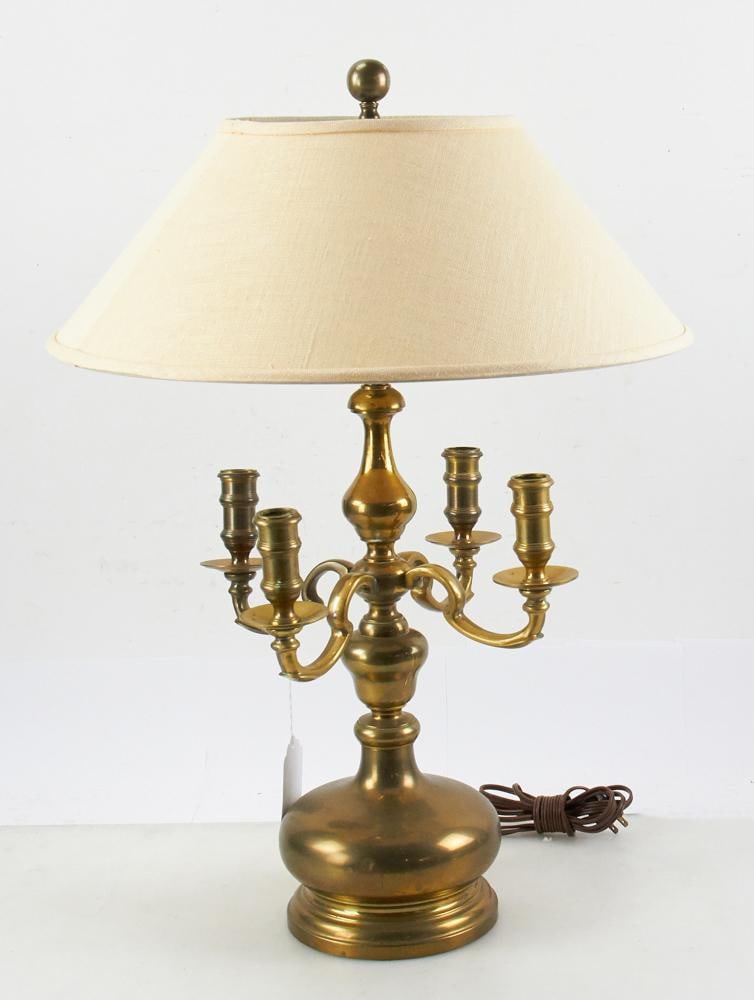 Vintage Solid Brass Bouillotte-style Lamp: Vintage solid brass 4-arm bouillotte-style lamp with linen shade, 24" H to top of shade. Good condition. Provenance: Estate of Dalia Zikas, Melrose, Massachusetts.