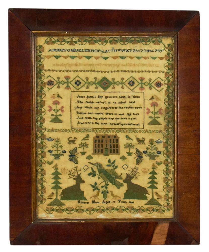 1841 Sampler by Frances Moss with Flowers and Animals: 1841 sampler by Frances Moss, age 13, with flowers and animals, 17" x 13", framed 22" x 17". Provenance: Estate of Dalia Zikas, Melrose, Massachusetts.