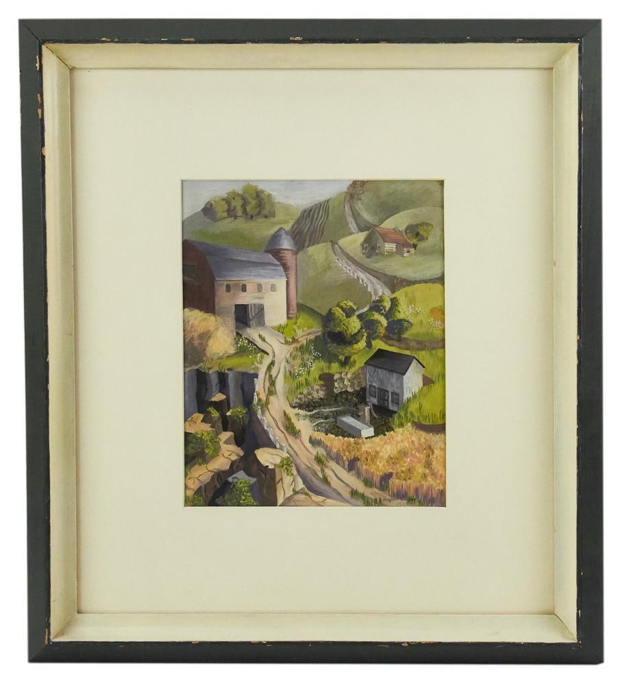 Jayne Kaylor, "Farm and Quarry", Gouache on Board: Jayne Kaylor, "Farm and Quarry", view of Southern Ohio, gouache on board, 1938, 10" x 8". Provenance: Estate of Dalia Zikas, Melrose, Massachusetts.