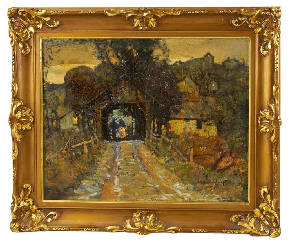 Leslie Cope, Covered Bridge Scene, Oil on Board: Leslie Cope (American, 1913-2002), covered bridge scene, oil on board, signed L/R and dated 1946, 16 1/4" x 20", in gilt frame 21 3/4" x 25 1/2". Provenance: Estate of Dalia Zikas, Melrose, Massachuse