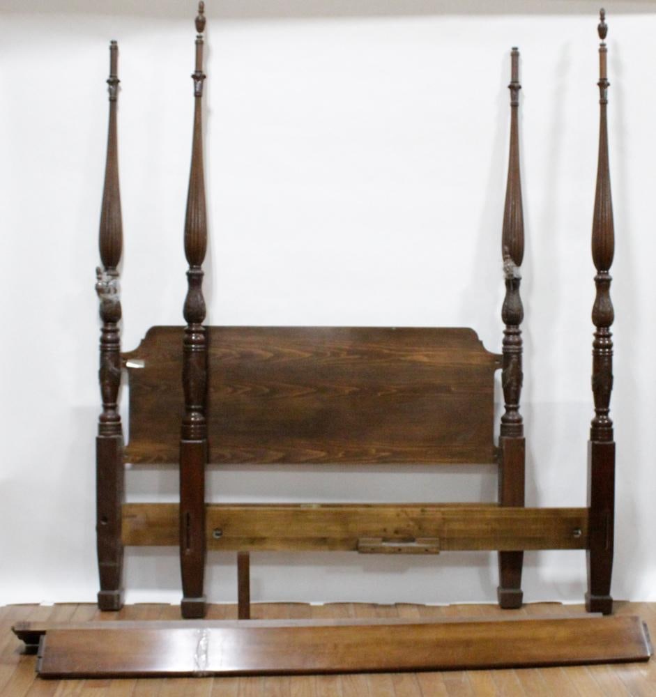 Vintage Fancher Co. "Windsor Court" Queen-size Poster Bed Frame: Vintage Fancher Company, New York, "Windsor Court Collection" queen-size mahogany poster bed frame, ornately carved posts, with acanthus leaves drape and tassel design, 90 1/2" H x 88" L post-to-post