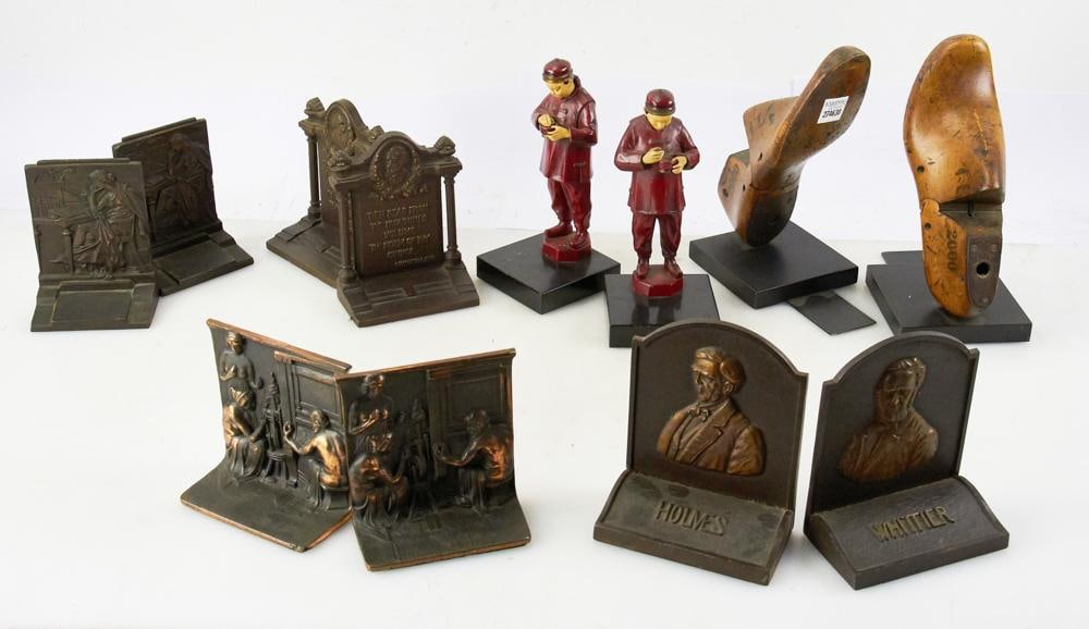 Pairs of Bookends, Bradley and Hubbard, etc.: Six (6) pair of bookends, to include: five (5) metal pair, including one Bradley and Hubbard, and one by Pompeian Bronze Co.; one pair fashioned from wooden shoe form; etc. Tallest 10 1/2". Good condi