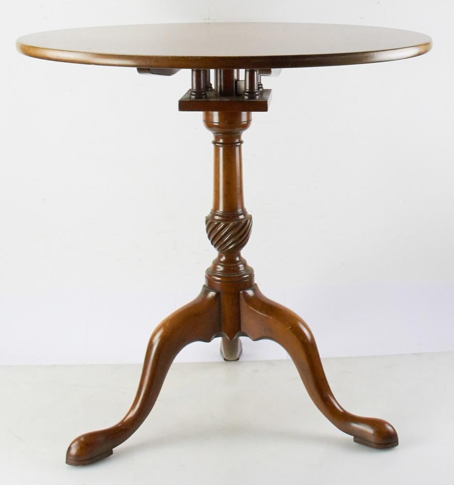 Queen Anne Style Mahogany Tip-top Table: Queen Anne style mahogany tip-top table, with turned column, birdcage, 28" H x 28 1/4" diameter (closed). Good condition. Provenance: Estate of Dalia Zikas, Melrose, Massachusetts.