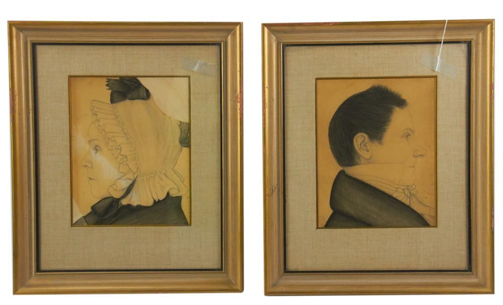 C1820s Pencil Drawings of Dr. and Mrs. Robert Newman: Pair of circa 1820s portraits of Dr. and Mrs. Robert Newman, pencil drawings, 9" x 7", framed 17" x 14". Provenance: Estate of Dalia Zikas, Melrose, Massachusetts.