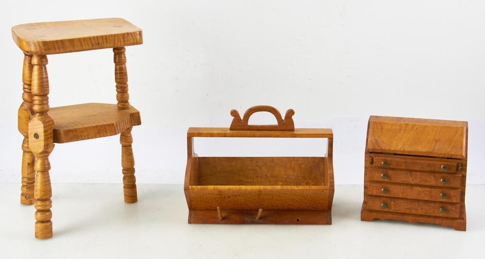 Figured Maple Sewing Box, Miniature Desk, Milking Stool (1 of 14)