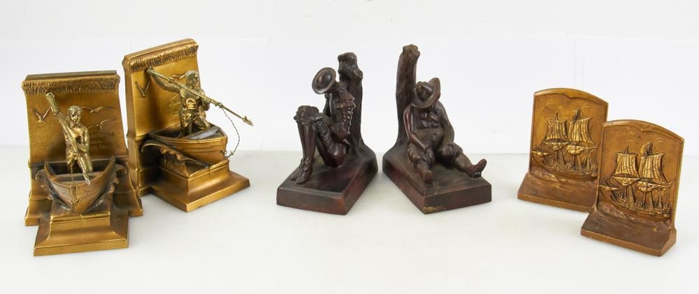 Pairs of Bookends, Whaler, Ships, Don Quixote: Three (3) pair of bookends, to include: bronzed whaler pair commemorating the whalemen; bronze pair with sailing ships; bronzed pair depicting Don Quixote and Sancho Panza tallest 6 3/4" x approximate