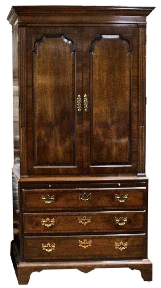 Vintage Fancher Co. "Windsor Court" Linen Press: Vintage Fancher Company, New York, "Windsor Court Collection" mahogany two-door, three-drawer linen press, with pull-out center shelf, brass hardware, 80" H x 45" W x 20" D. Good condition. Provenance