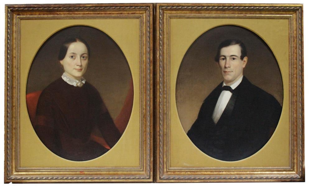 Portraits of Commander Minot Barrett and Wife Margaret, Oil on Canvas: Pair of portraits, Commander Minot Barrett (1815-1864), and his wife Margaret Babcock Barrett (1830-1910), oil on canvas, 30" x 24", framed 36" x 31". Provenance: Estate of Dalia Zikas, Melrose, Massa
