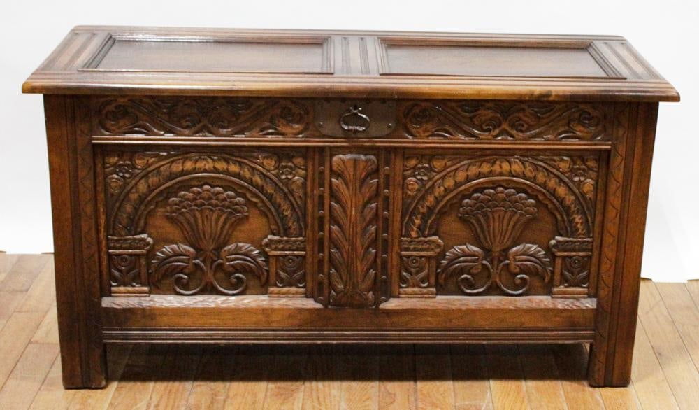 Vintage Large Mahogany Coffer: Vintage large mahogany coffer, floral and scroll design, lock and key, sliding tray, 28" H x 52 3/4" W x 21" D. Good condition. Provenance: Estate of Dalia Zikas, Melrose, Massachusetts.