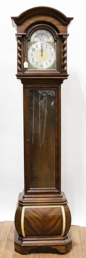 Herschede Hall Clock C. Belleau Wood Grandfather Clock: Herschede Hall Clock Company Belleau Wood grandfather chiming clock, nautical motif, moon phase dial, 78" H x 18" W x 11 1/2" D. With owner's manual, original pendulum. Good condition; missing weights