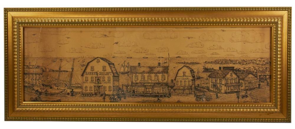 Elliott, Village Scene, Watercolor: Elliott, village scene, watercolor, signed L/R, 12 1/4" x 40 1/2", in gilt frame 19" x 47". Provenance: Estate of Dalia Zikas, Melrose, Massachusetts.