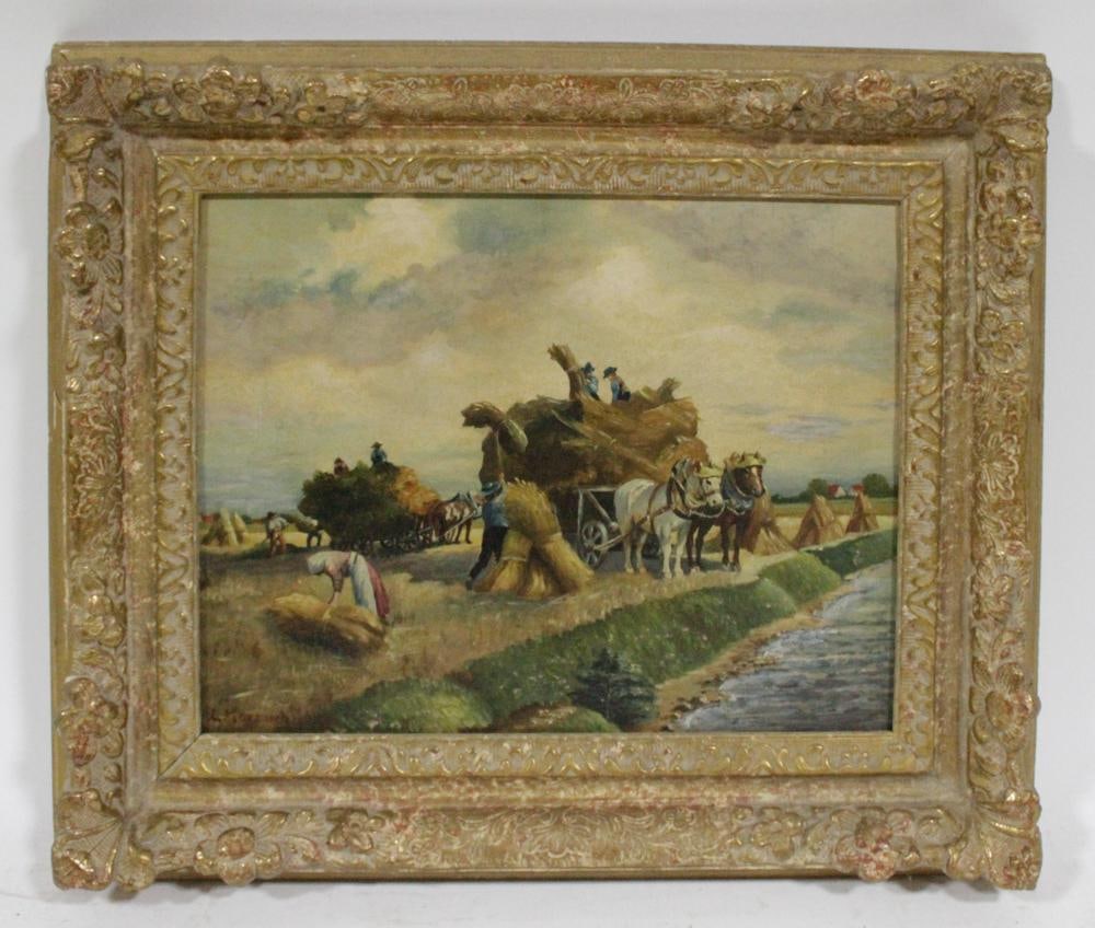 L. Monzuch, "Haying Time", Oil on Canvas: L. Monzuch, "Haying Time", oil on canvas, signed L/L, 11" x 13 3/4", in gilt frame 15 1/2" x 18 1/2". Provenance: Estate of Dalia Zikas, Melrose, Massachusetts.