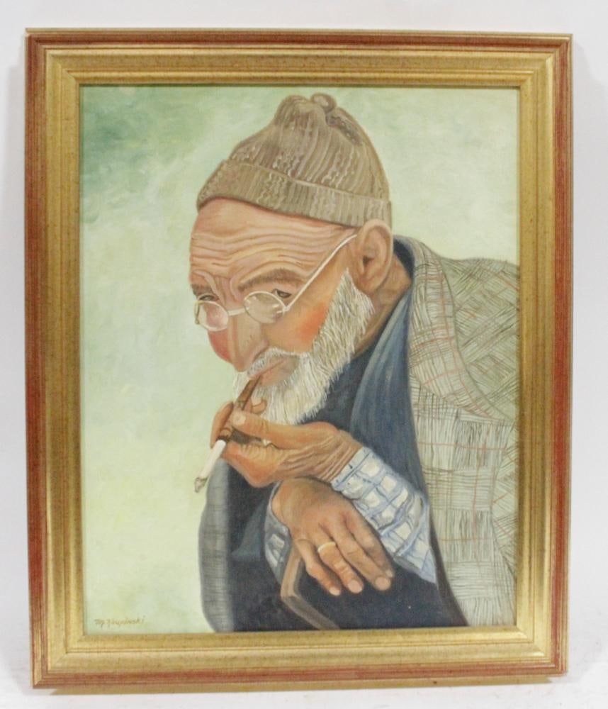 M. Krupinski, Elderly Artsy Man with Beret, Oil on Canvas: M. Krupinski, portrait of elderly artsy man with cigarette and beret, oil on canvas, signed L/L, 19" x 15", framed 24" x 20". Provenance: Estate of Dalia Zikas, Melrose, Massachusetts.